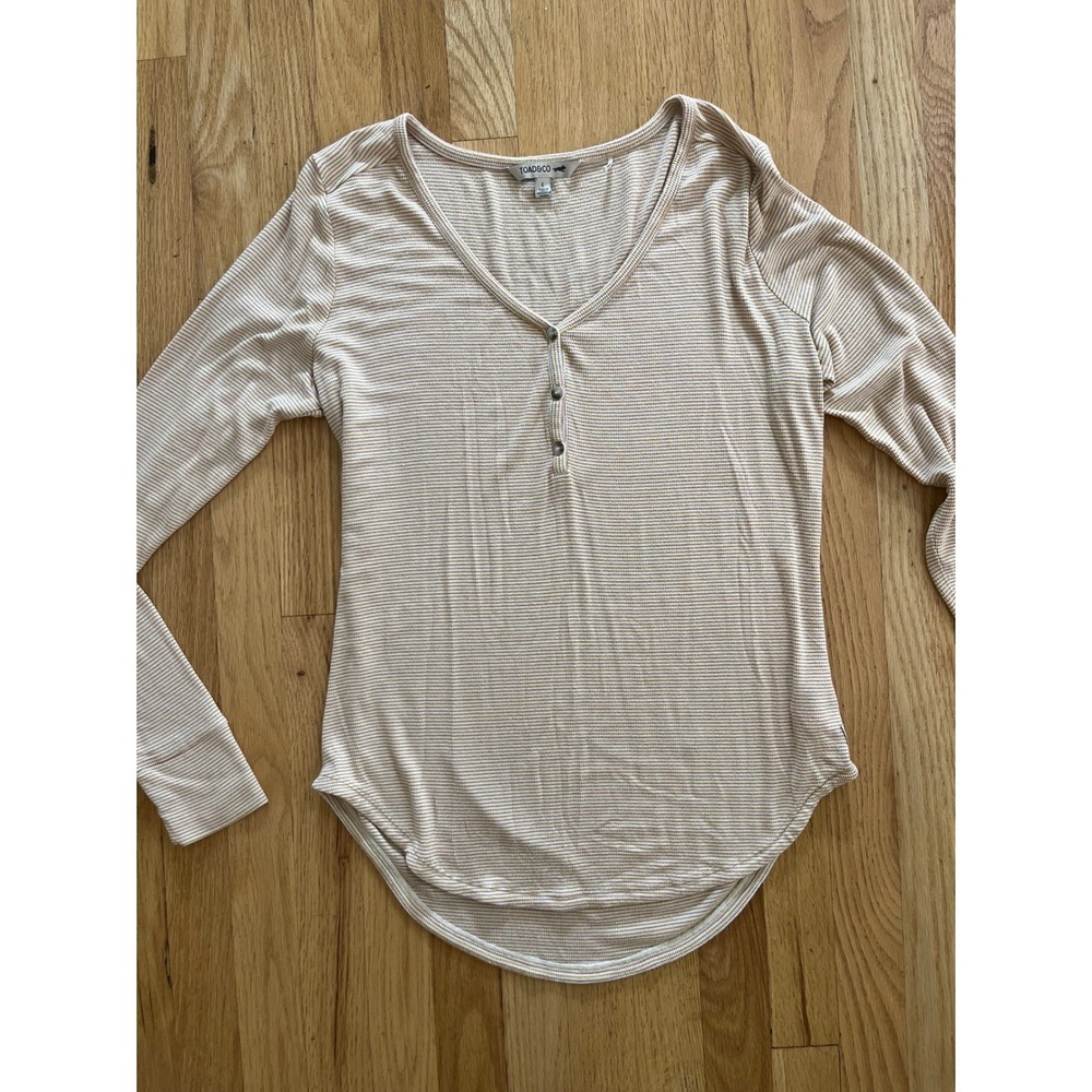 Toad&Co Womens L Striped Ribbed Henley Long Sleeve Top V-Neck Pink Yellow